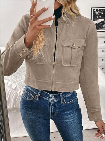 GORGLITTER Women's Zip Up Crop Jacket Faux Suede Long Sleeve Cropped Cargo Jacket Outerwear Trendy Jackets 2025 in Saudi Arabia