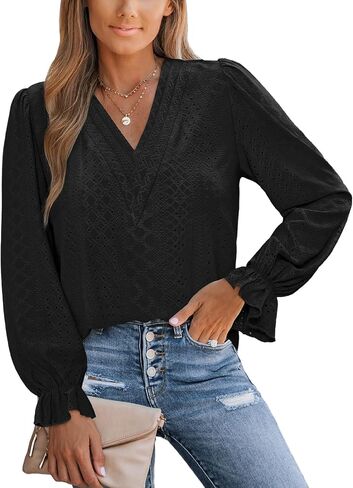 CUPSHE Womens Top V Neck Long Sleeves Ruffled Trim Blouse Casual Floral Shirts Loose Trendy in Saudi Arabia