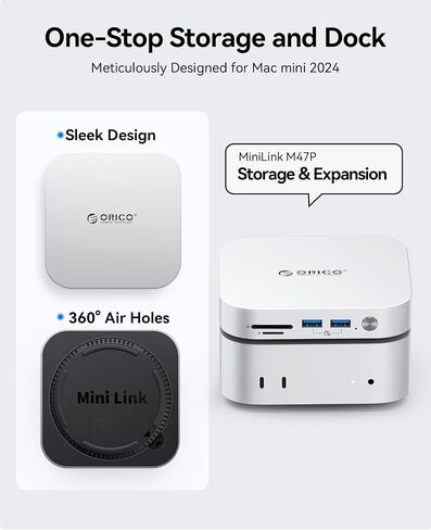 ORICO MINILINK MAC MINI M4 HUB مع حاوية SATA SSD ، منفذ USB 3.0 SD 3.0/TF 3.0 ، مقبس سماعة الرأس 3.5 مم ومقبس ميكروفون (M410P) in Kuwait