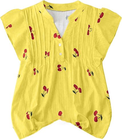 MakeMeChic Women's Cherry Print Pleated Blouse Notch V Neck Cap Sleeve Summer Shirt Tops in Saudi Arabia