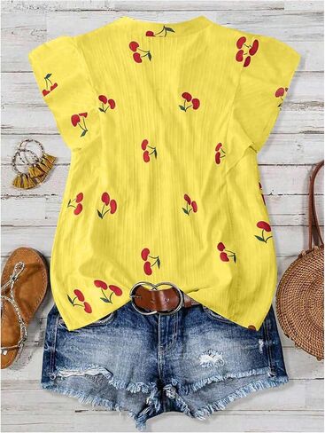 MakeMeChic Women's Cherry Print Pleated Blouse Notch V Neck Cap Sleeve Summer Shirt Tops in Saudi Arabia