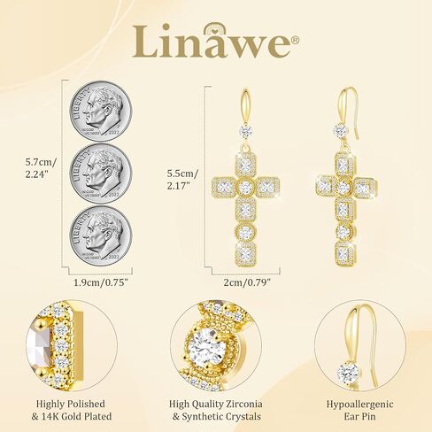 أقراط Linawe Cross المتدلية للنساء، أقراط حجر الراين الماسية المقلدة المضادة للحساسية، 14 قيراط من الذهب/الفضة/الذهب الوردي مكعب زركونيا أقراط متدلية متدلية in Kuwait