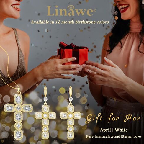 أقراط Linawe Cross المتدلية للنساء، أقراط حجر الراين الماسية المقلدة المضادة للحساسية، 14 قيراط من الذهب/الفضة/الذهب الوردي مكعب زركونيا أقراط متدلية متدلية in Kuwait