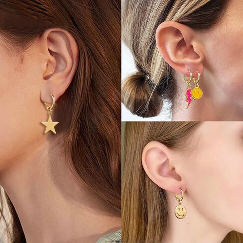 مجموعة أقراط Preppy مع أقراط متدلية ملونة على شكل ابتسامة سعيدة ومشرقة على شكل قلب ونجمة ذهبية صغيرة أقراط متدلية عصرية Y2K هدايا مجوهرات Preppy للفتيات المراهقات والنساء والأطفال in Kuwait