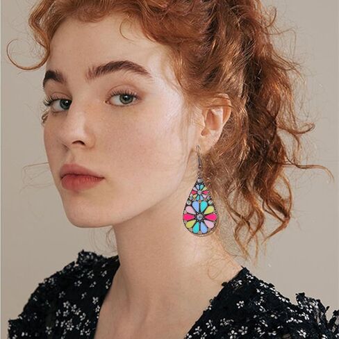 Boho Flower Teardrop Earrings Handmade Trendy Vintage Colorful Hollow Out Flower Floral Dangle Earrings Bohemian Ethnic Statement Jewelry in Saudi Arabia