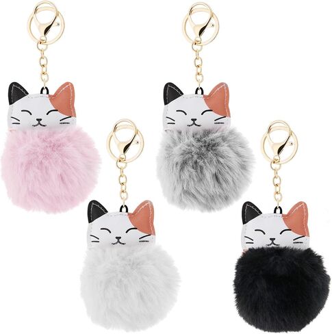 4PCS Cat Pom Pom Keychain Fluffy Faux Fur Ball Keyring Cat Pendant Key Fob Key Decoration Car Ornament Women Handbag Accessories Black White Grey Pink in Saudi Arabia