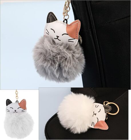 4PCS Cat Pom Pom Keychain Fluffy Faux Fur Ball Keyring Cat Pendant Key Fob Key Decoration Car Ornament Women Handbag Accessories Black White Grey Pink in Saudi Arabia