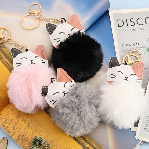 4PCS Cat Pom Pom Keychain Fluffy Faux Fur Ball Keyring Cat Pendant Key Fob Key Decoration Car Ornament Women Handbag Accessories Black White Grey Pink in Saudi Arabia