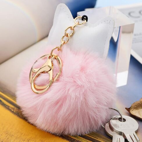 4PCS Cat Pom Pom Keychain Fluffy Faux Fur Ball Keyring Cat Pendant Key Fob Key Decoration Car Ornament Women Handbag Accessories Black White Grey Pink in Saudi Arabia
