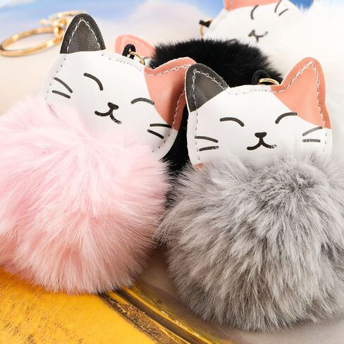 4PCS Cat Pom Pom Keychain Fluffy Faux Fur Ball Keyring Cat Pendant Key Fob Key Decoration Car Ornament Women Handbag Accessories Black White Grey Pink in Saudi Arabia