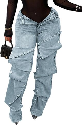 LETSVDO Women's High Waisted Cargo Jeans Straight Wide Leg Baggy Detachable Patchwork Asymmetrical Stretch Denim Pants in Kuwait