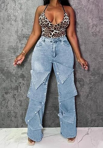 LETSVDO Women's High Waisted Cargo Jeans Straight Wide Leg Baggy Detachable Patchwork Asymmetrical Stretch Denim Pants in Kuwait