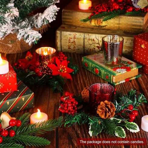 مجموعة من 12 حلقة شموع من Pinecone Berry Poinsettia مع 6 حوامل شموع زجاجية لتزيين طاولة عيد الميلاد المركزية in Saudi Arabia
