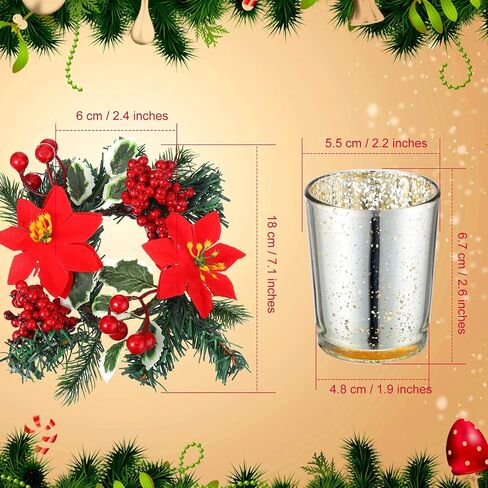 مجموعة من 12 حلقة شموع من Pinecone Berry Poinsettia مع 6 حوامل شموع زجاجية لتزيين طاولة عيد الميلاد المركزية in Saudi Arabia