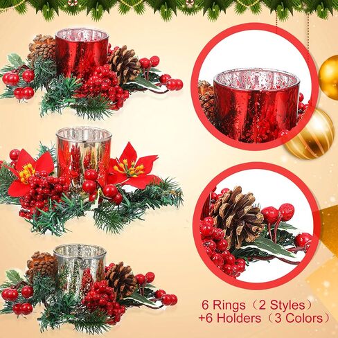 مجموعة من 12 حلقة شموع من Pinecone Berry Poinsettia مع 6 حوامل شموع زجاجية لتزيين طاولة عيد الميلاد المركزية in Saudi Arabia