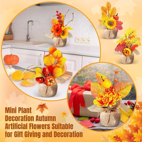 Giegxin 10 Pcs Thanksgiving Fall Halloween Artificial Potted Flowers Fall Decor Fake Potted Plants with Pumpkin, Sunflower, Maple Leaf, Pine Cone for Autumn Harvest Decor, Table Centerpiece(Burlap) in Saudi Arabia
