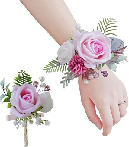 Pink Corsage and Boutonniere Set, Prom Wedding Homecoming Wrist Corsage Wristlet and Boutonniere Set for Grooms Groomsmen Guest Bridal Bridesmaid Artificial Flower Suit Decoration in Saudi Arabia