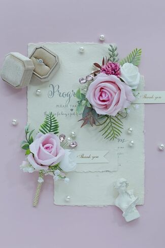 Pink Corsage and Boutonniere Set, Prom Wedding Homecoming Wrist Corsage Wristlet and Boutonniere Set for Grooms Groomsmen Guest Bridal Bridesmaid Artificial Flower Suit Decoration in Saudi Arabia