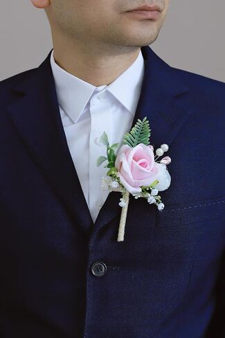 Pink Corsage and Boutonniere Set, Prom Wedding Homecoming Wrist Corsage Wristlet and Boutonniere Set for Grooms Groomsmen Guest Bridal Bridesmaid Artificial Flower Suit Decoration in Saudi Arabia