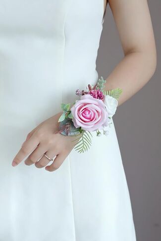 Pink Corsage and Boutonniere Set, Prom Wedding Homecoming Wrist Corsage Wristlet and Boutonniere Set for Grooms Groomsmen Guest Bridal Bridesmaid Artificial Flower Suit Decoration in Saudi Arabia