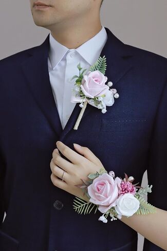 Pink Corsage and Boutonniere Set, Prom Wedding Homecoming Wrist Corsage Wristlet and Boutonniere Set for Grooms Groomsmen Guest Bridal Bridesmaid Artificial Flower Suit Decoration in Saudi Arabia