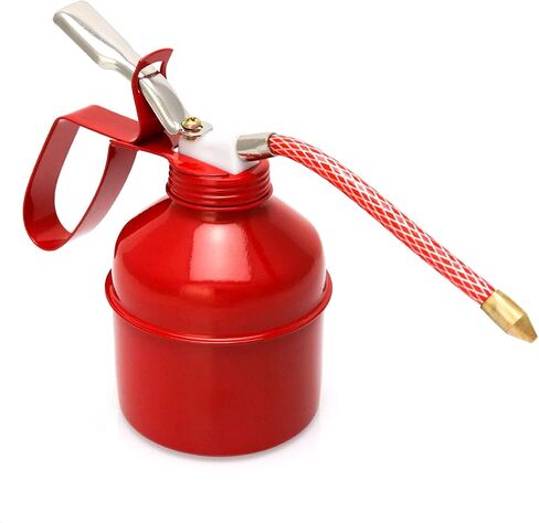 QWORK Steel Pistol Type Oiler - 12 OZ (400ML) Capacity Manual Pump Oil Can, Red, Flexible Tube in Saudi Arabia