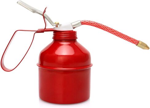 QWORK Steel Pistol Type Oiler - 12 OZ (400ML) Capacity Manual Pump Oil Can, Red, Flexible Tube in Saudi Arabia