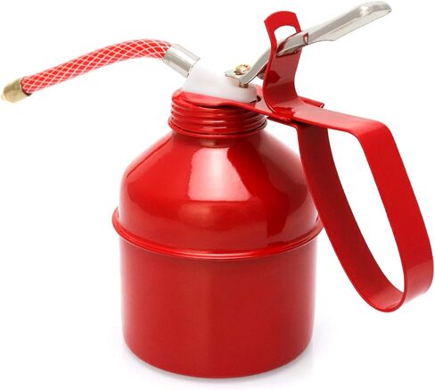 QWORK Steel Pistol Type Oiler - 12 OZ (400ML) Capacity Manual Pump Oil Can, Red, Flexible Tube in Saudi Arabia