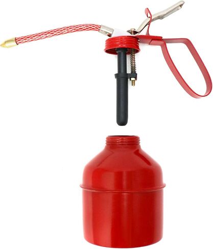 QWORK Steel Pistol Type Oiler - 12 OZ (400ML) Capacity Manual Pump Oil Can, Red, Flexible Tube in Saudi Arabia