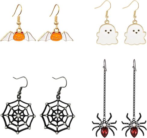 4 أزواج من أقراط الهالوين للنساء، أقراط متدلية على شكل شبكة العنكبوت على شكل يقطين الشيطان شبح العنكبوت، إكسسوارات مجوهرات للعب الأدوار التنكرية in Kuwait