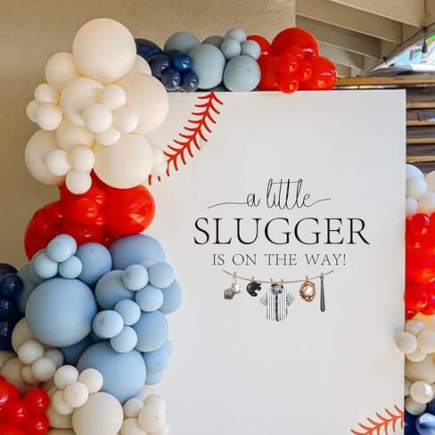 ملصق Upfirst A Little Slugger is On The Way - حفل استقبال المولود الجديد بموضوع البيسبول، مستلزمات الحفلات الرياضية، ملصق بيسبول يكشف عن الجنس بخلفية قوس بالون (A Little Slugger على الطريق) in Kuwait