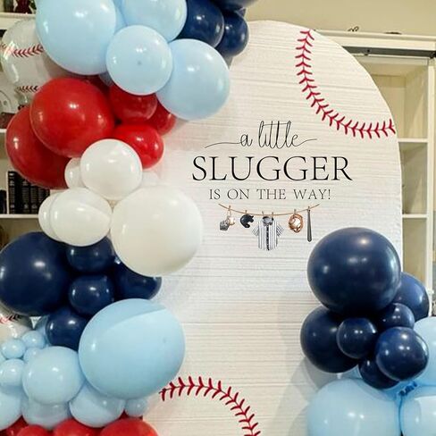 ملصق Upfirst A Little Slugger is On The Way - حفل استقبال المولود الجديد بموضوع البيسبول، مستلزمات الحفلات الرياضية، ملصق بيسبول يكشف عن الجنس بخلفية قوس بالون (A Little Slugger على الطريق) in Kuwait
