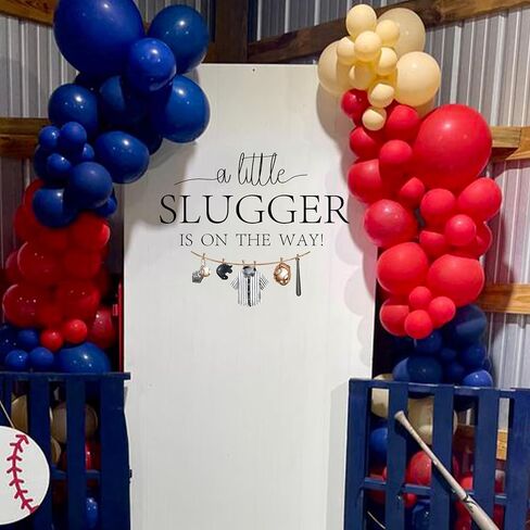 ملصق Upfirst A Little Slugger is On The Way - حفل استقبال المولود الجديد بموضوع البيسبول، مستلزمات الحفلات الرياضية، ملصق بيسبول يكشف عن الجنس بخلفية قوس بالون (A Little Slugger على الطريق) in Kuwait