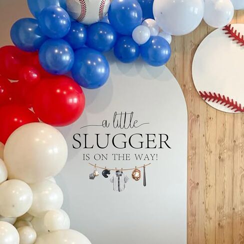 ملصق Upfirst A Little Slugger is On The Way - حفل استقبال المولود الجديد بموضوع البيسبول، مستلزمات الحفلات الرياضية، ملصق بيسبول يكشف عن الجنس بخلفية قوس بالون (A Little Slugger على الطريق) in Kuwait
