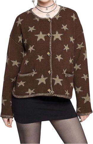 Women's Star Pattern Cardigan Round Neck Button Down Long Sleeve Cardigan Coat Casual Sweater Top with Pocket in Kuwait