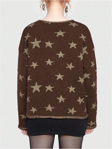 Women's Star Pattern Cardigan Round Neck Button Down Long Sleeve Cardigan Coat Casual Sweater Top with Pocket in Kuwait