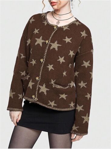 Women's Star Pattern Cardigan Round Neck Button Down Long Sleeve Cardigan Coat Casual Sweater Top with Pocket in Kuwait