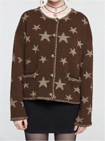 Women's Star Pattern Cardigan Round Neck Button Down Long Sleeve Cardigan Coat Casual Sweater Top with Pocket in Kuwait