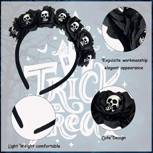 Halloween Skull Headband, Day of the Dead Black Flower Crown Hair Accessories for Women Girls, Halloween Costume Cosplay Party in Saudi Arabia
