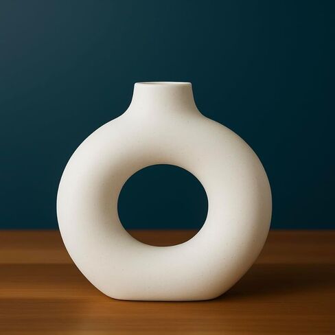 Modern White Ceramic Vase - 7.5 Inch Tall - Ceramic Flower Vase. Home Decor, Centerpiece, Coffee Table, Living Room, Flowers, Entryway, Bookshelf. in Kuwait