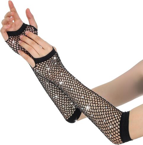 Women Fishnet Rhinestone Gloves, Fingerless Sparkly Mesh Arm Sleeve Steampunk Punk Fish Net Arm Sleeve(pink) in Saudi Arabia