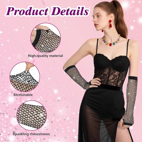 Women Fishnet Rhinestone Gloves, Fingerless Sparkly Mesh Arm Sleeve Steampunk Punk Fish Net Arm Sleeve(pink) in Saudi Arabia