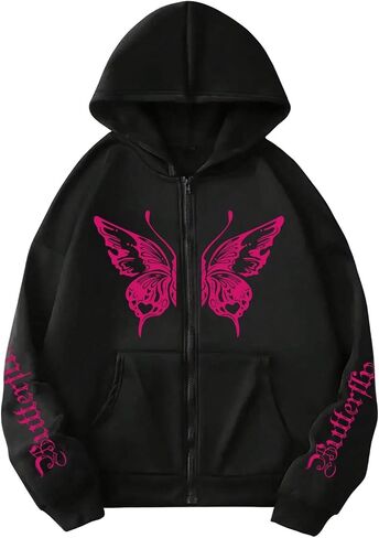 Floerns Women's Plus Size Butterfly Graphic Zip Up Hoodies Long Sleeve Hooded Jackets in Saudi Arabia