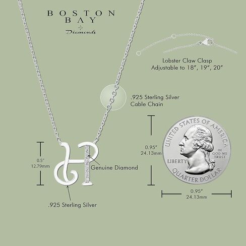 قلادة Boston Bay Diamonds الأولية المصنوعة من الفضة الإسترليني عيار 925، مع سلسلة قابلة للتعديل مقاس 18 بوصة - 20 بوصة (لون G-H، وضوح I2-I3) - اختيار الحرف in Kuwait