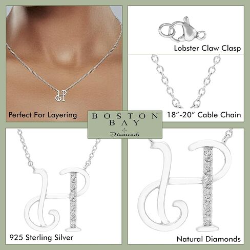 قلادة Boston Bay Diamonds الأولية المصنوعة من الفضة الإسترليني عيار 925، مع سلسلة قابلة للتعديل مقاس 18 بوصة - 20 بوصة (لون G-H، وضوح I2-I3) - اختيار الحرف in Kuwait