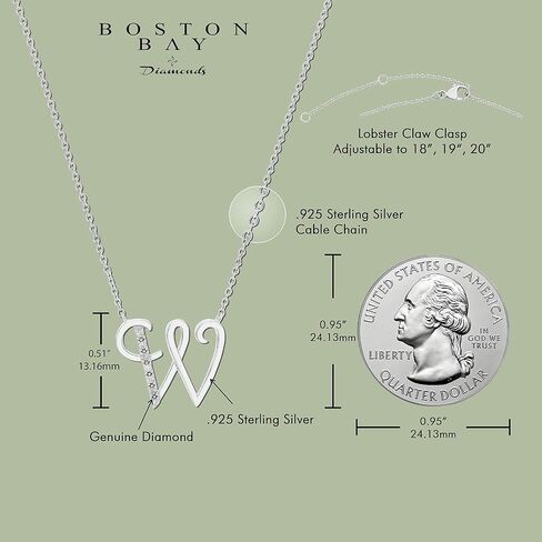 قلادة Boston Bay Diamonds الأولية المصنوعة من الفضة الإسترليني عيار 925، مع سلسلة قابلة للتعديل مقاس 18 بوصة - 20 بوصة (لون G-H، وضوح I2-I3) - اختيار الحرف in Kuwait