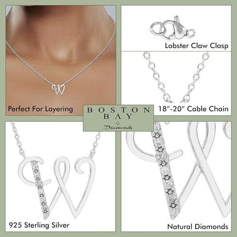 قلادة Boston Bay Diamonds الأولية المصنوعة من الفضة الإسترليني عيار 925، مع سلسلة قابلة للتعديل مقاس 18 بوصة - 20 بوصة (لون G-H، وضوح I2-I3) - اختيار الحرف in Kuwait