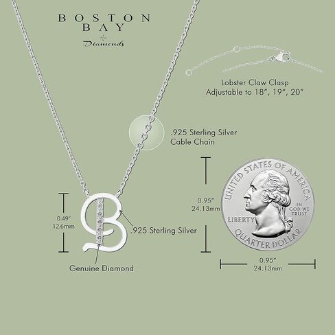 قلادة Boston Bay Diamonds الأولية المصنوعة من الفضة الإسترليني عيار 925، مع سلسلة قابلة للتعديل مقاس 18 بوصة - 20 بوصة (لون G-H، وضوح I2-I3) - اختيار الحرف in Kuwait