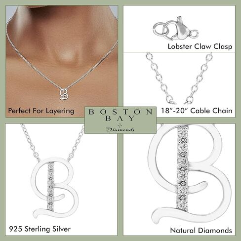 قلادة Boston Bay Diamonds الأولية المصنوعة من الفضة الإسترليني عيار 925، مع سلسلة قابلة للتعديل مقاس 18 بوصة - 20 بوصة (لون G-H، وضوح I2-I3) - اختيار الحرف in Kuwait