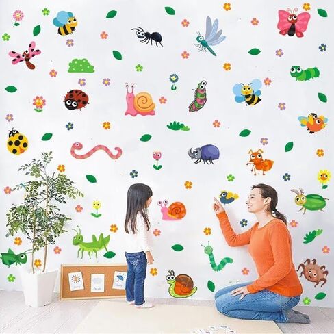 4 Sheets Cartoon Insect Wall Decals Cute Animal Butterfly Flower Leaf Ladybug Bee DIY Decor Wall Stickers Vinyl Wall Decor for Bedroom Living Room Playroom Nursery Home Decoration in Saudi Arabia